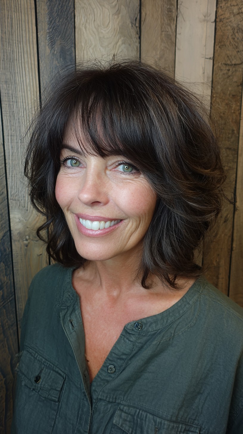 Rich Espresso Voluminous Lob with Breezy Bangs