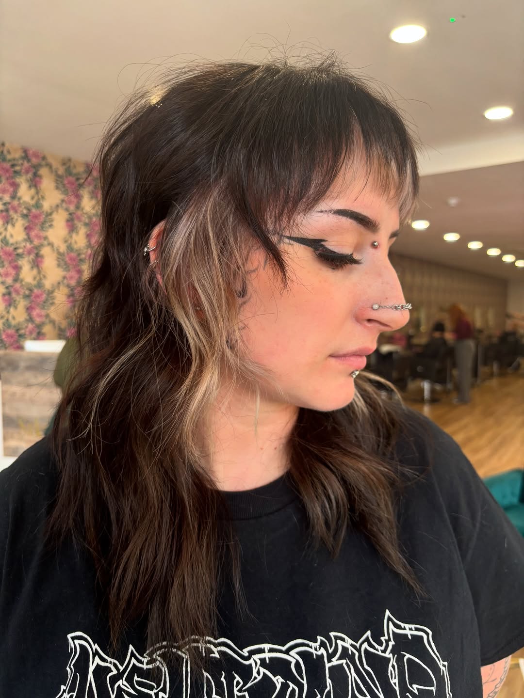 Rocker-Chic Soft Black Shag with Contrasting Blonde Streaks
