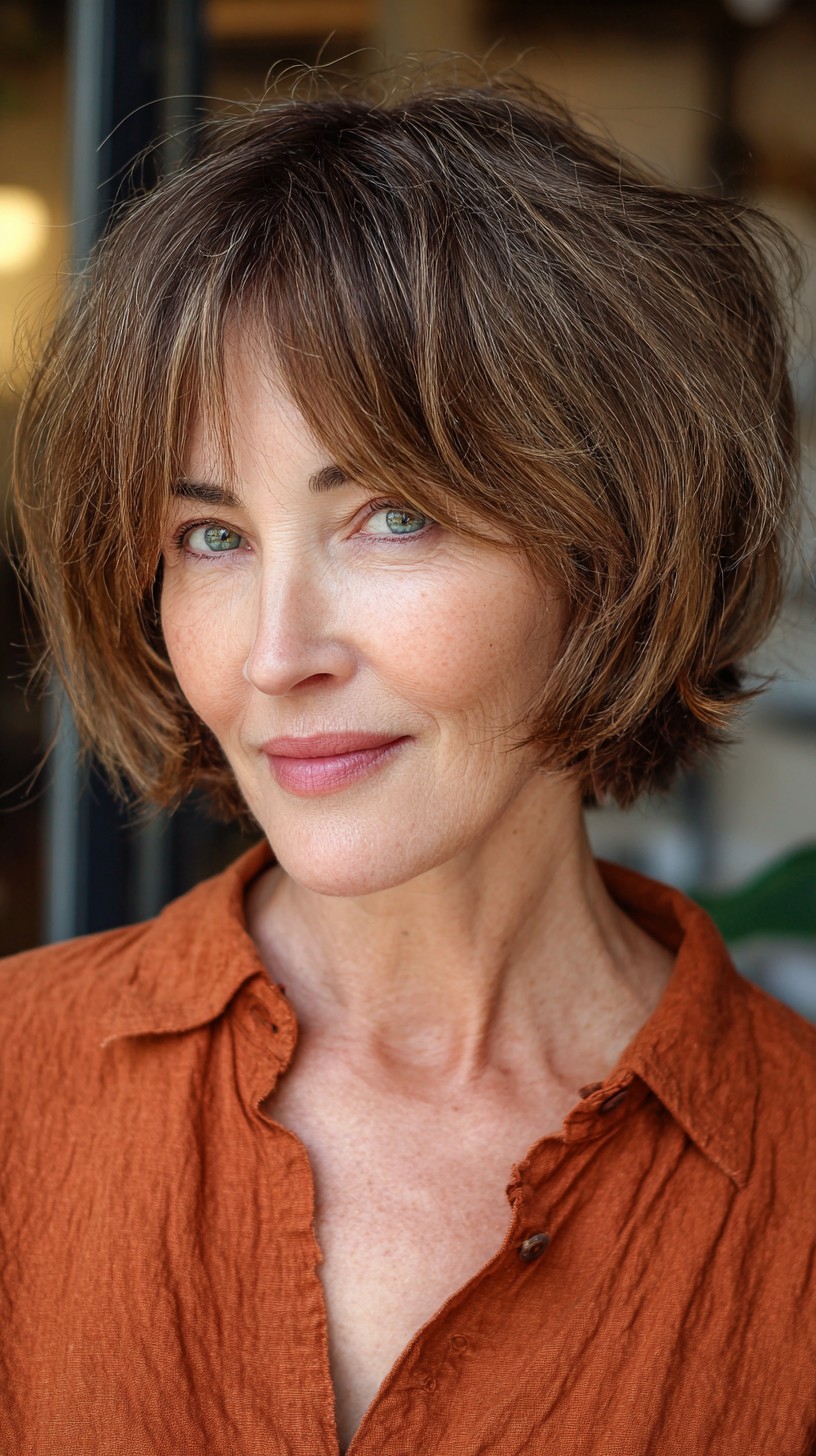 Sleek Chestnut Bob with Soft Fringe Accents