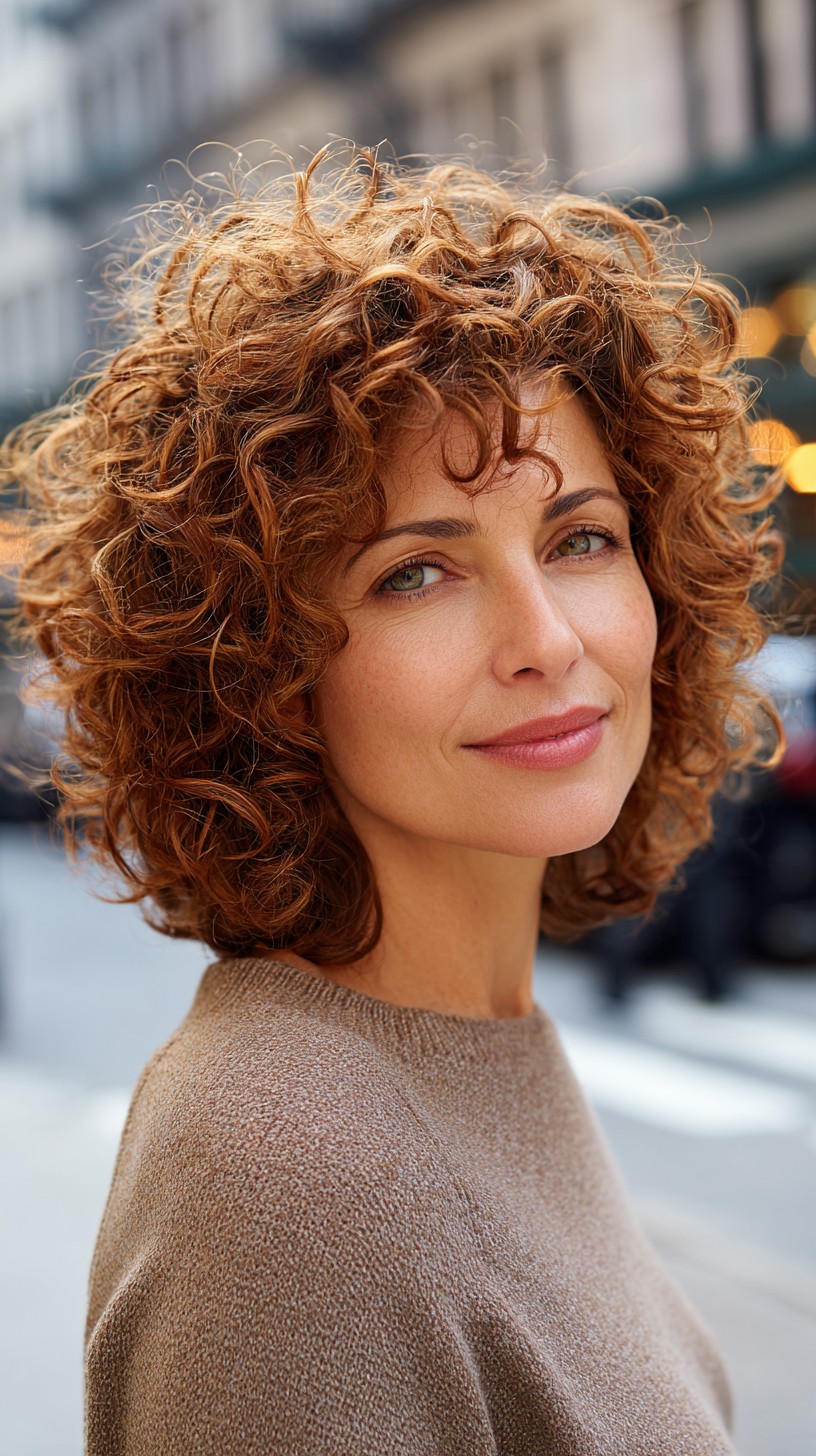 Soft Ginger Curled Bob with Layered Volume