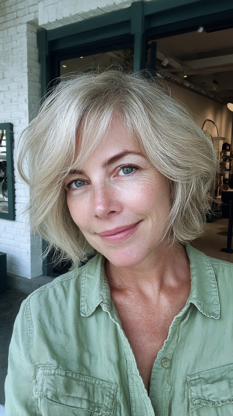 Soft Silver Layered Bob with Flowing Curtain Bangs