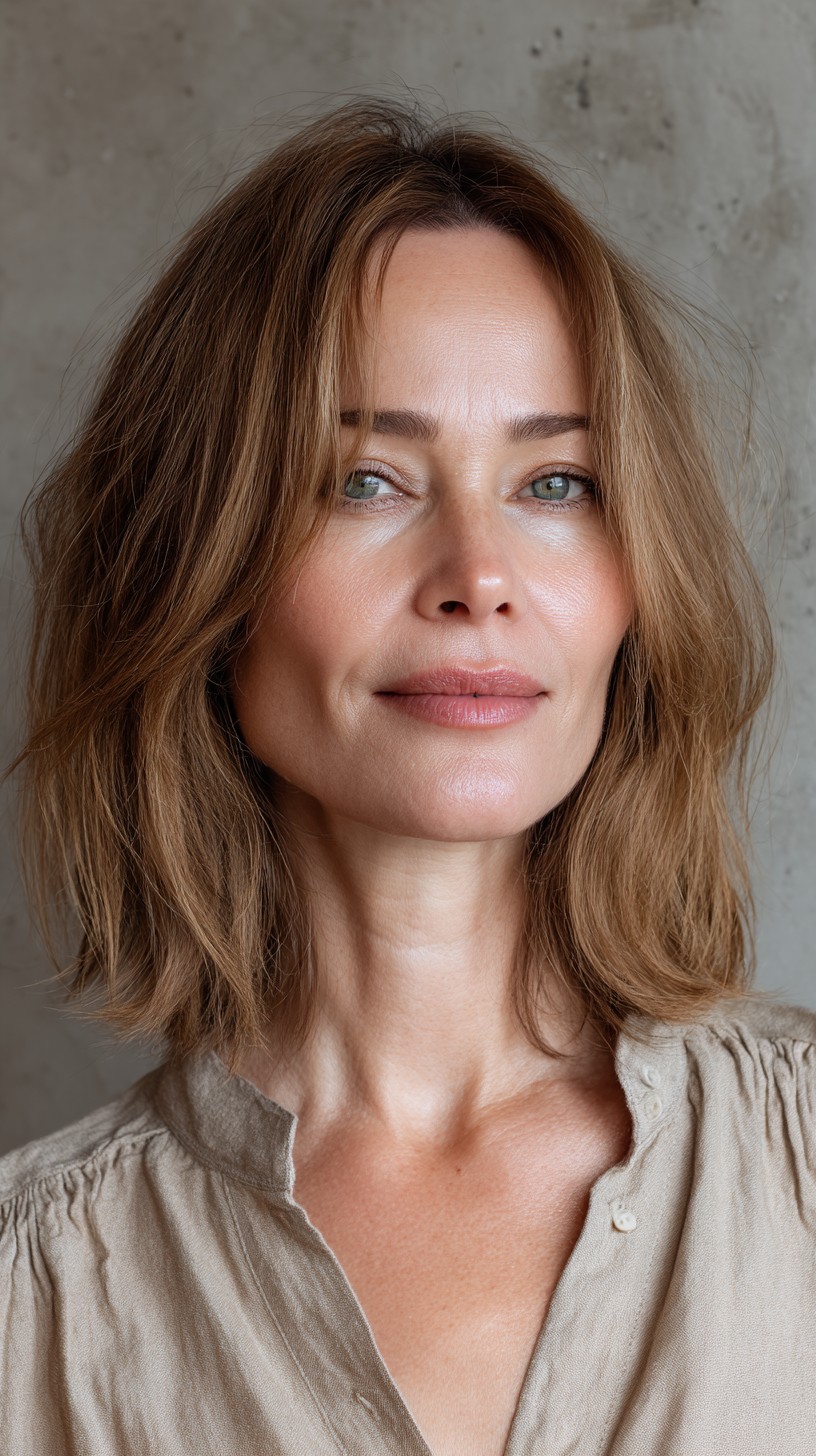 Subtle Bronde Textured Lob with Curtain Bangs