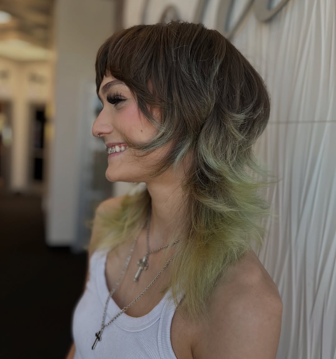 Subtle Green Tips with Soft Bangs and Layered Sides