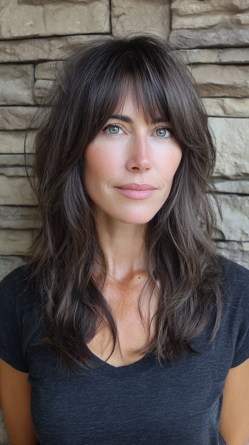 Subtle Midnight Brunette Cascade with Soft Bangs