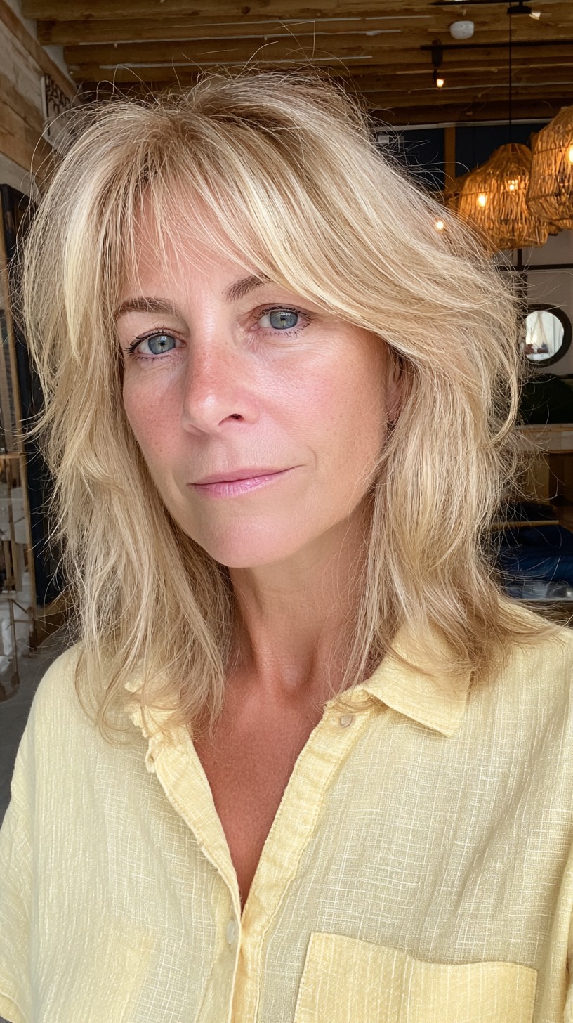 Sunlit Blonde Lob with Feathered Curtain Bangs