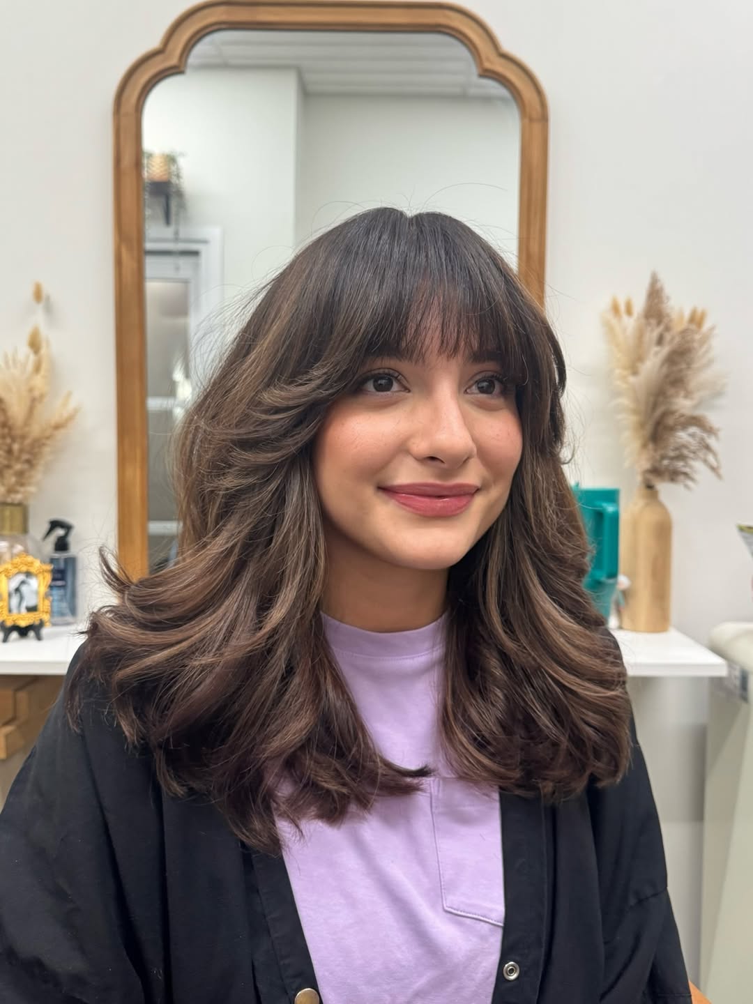 Textured Brunette Waves with Feathered Bangs