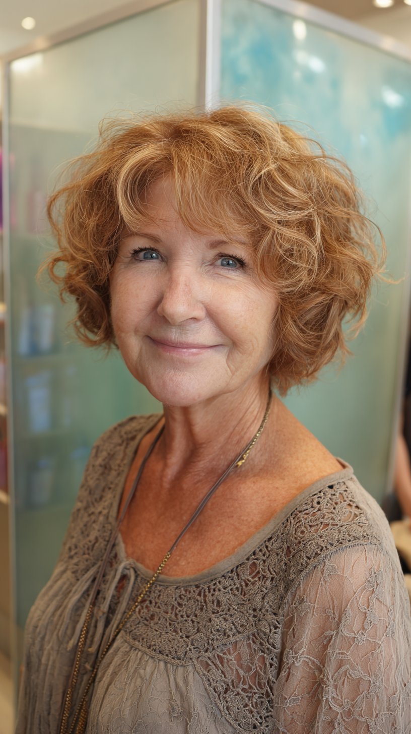 Textured Short Curly Bob with Warm Auburn Highlights