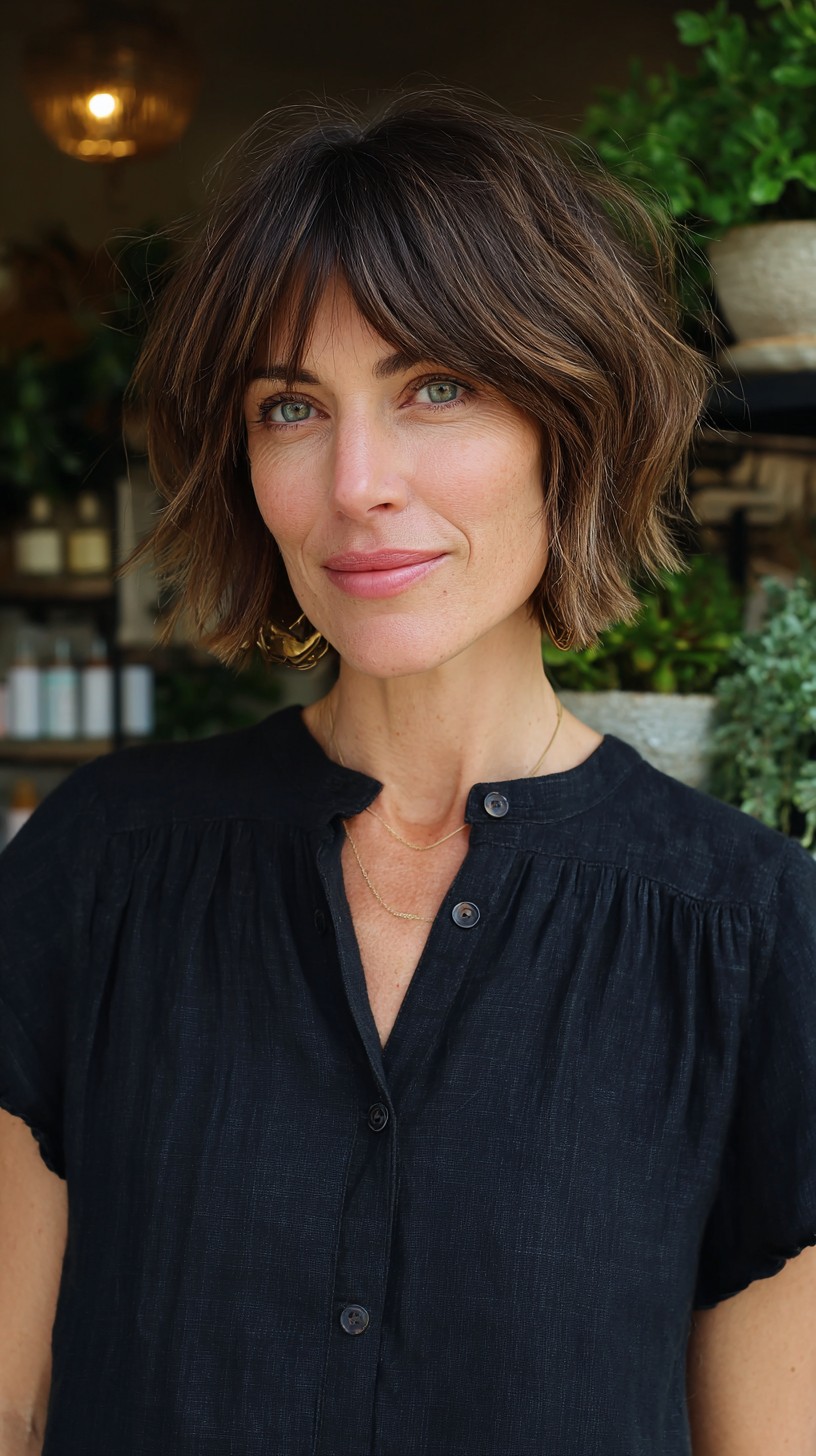 Vibrant Chestnut Bob with Feathered Layers and Curtain Bangs