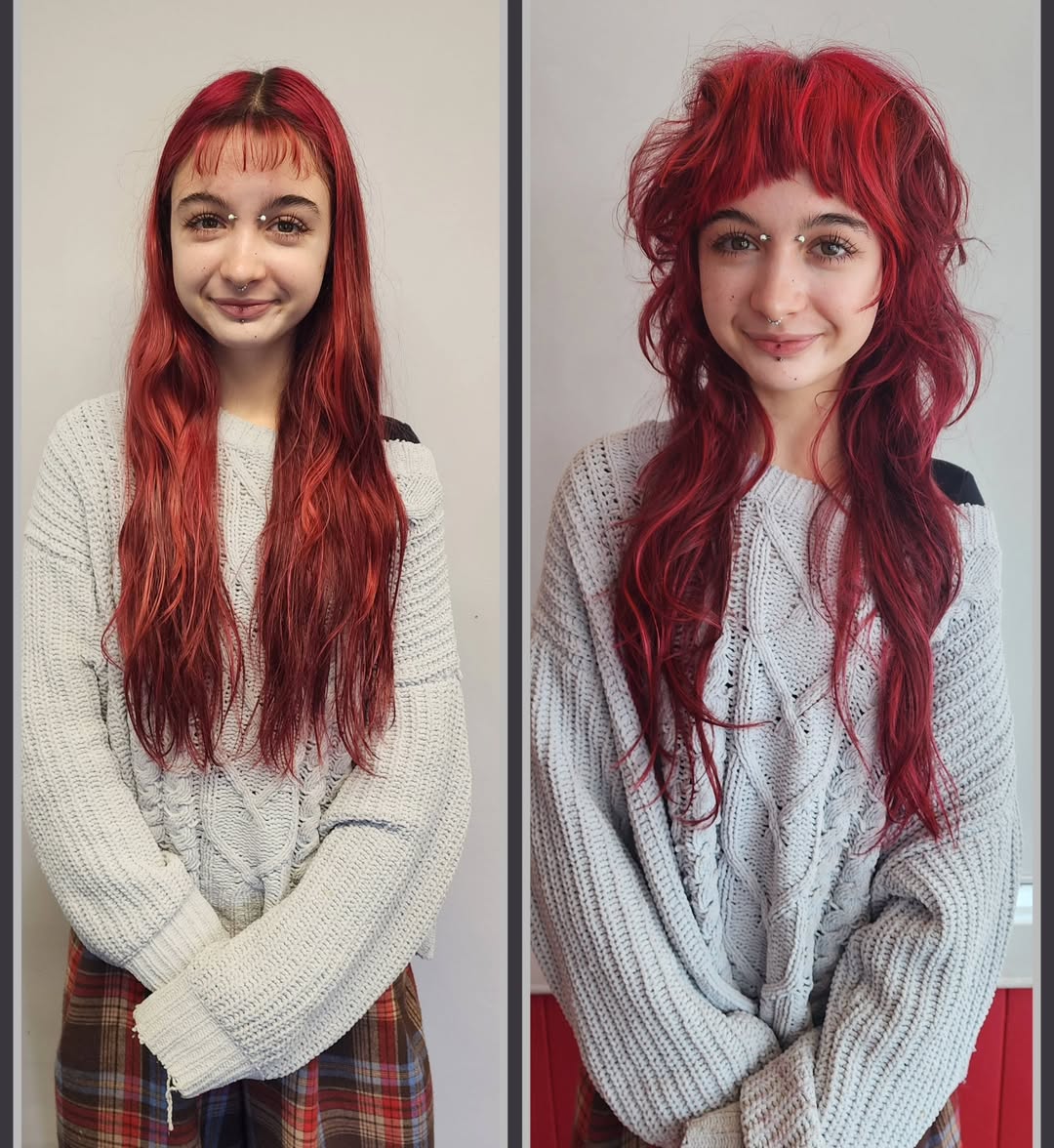 Vibrant Crimson Waves with Playful Bangs