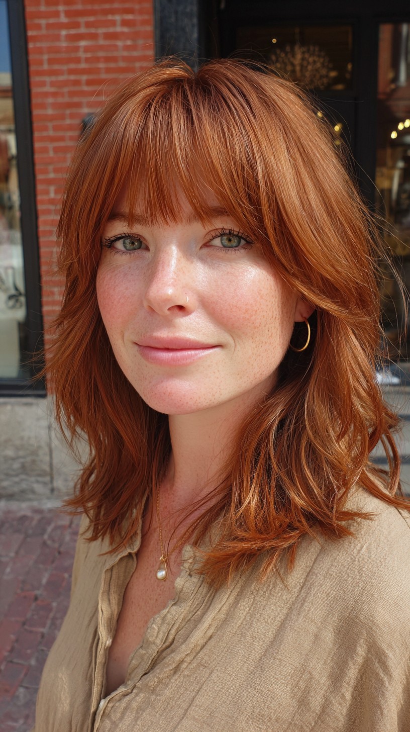 Vivid Copper Layered Bob with Bangs