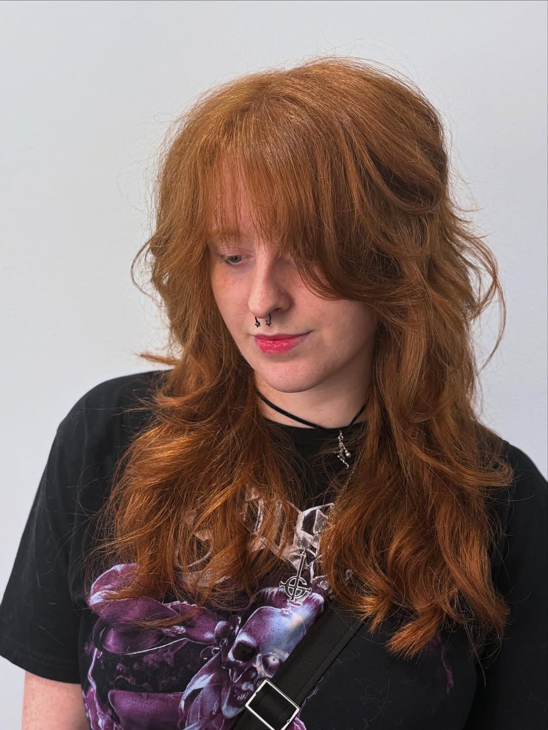 Vivid Copper Layered Shag with Side-Swept Bangs
