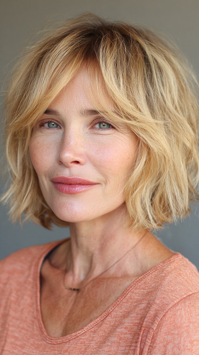 Warm Blonde Tousled Bob with Lightweight Bangs