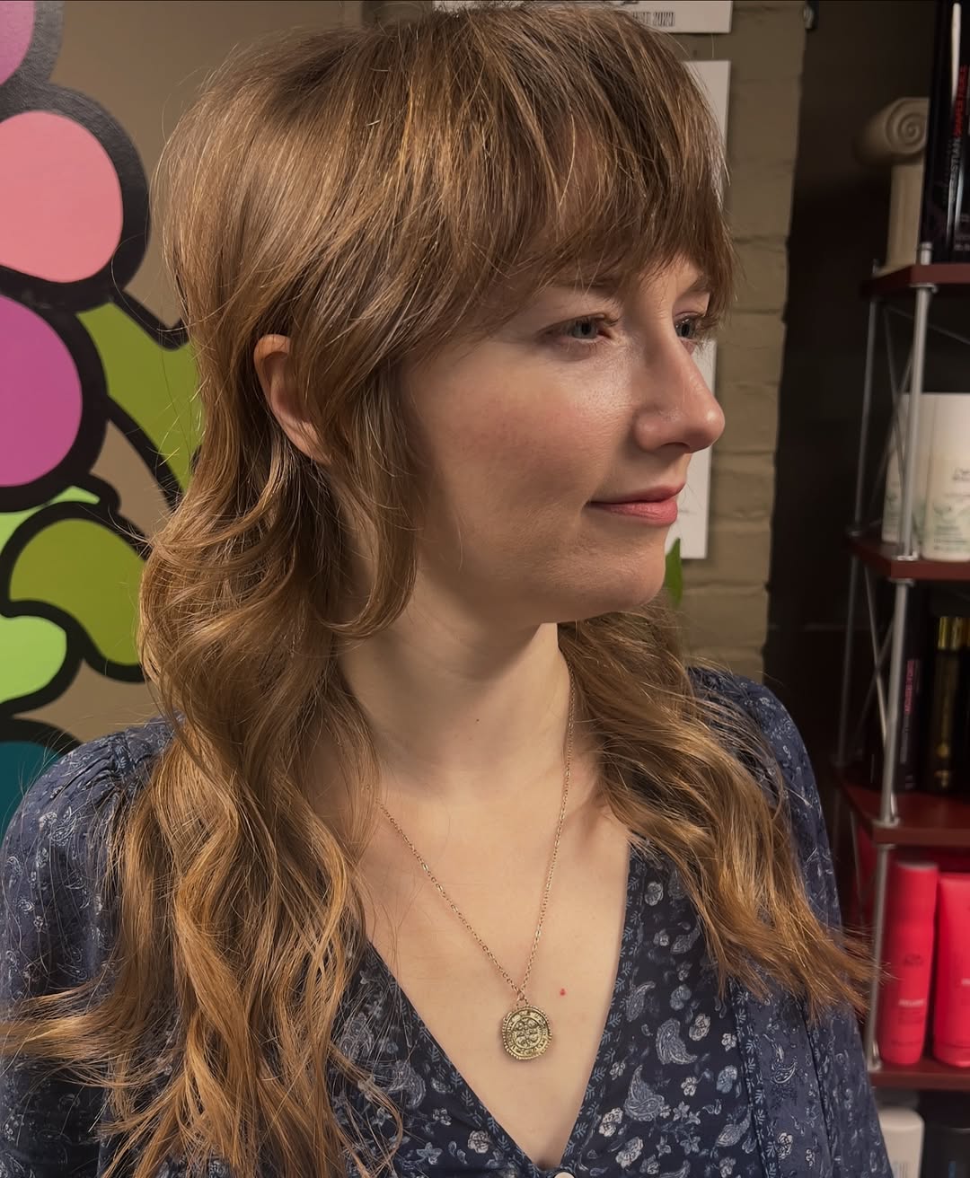 Warm Caramel Waves with Side-Swept Bangs