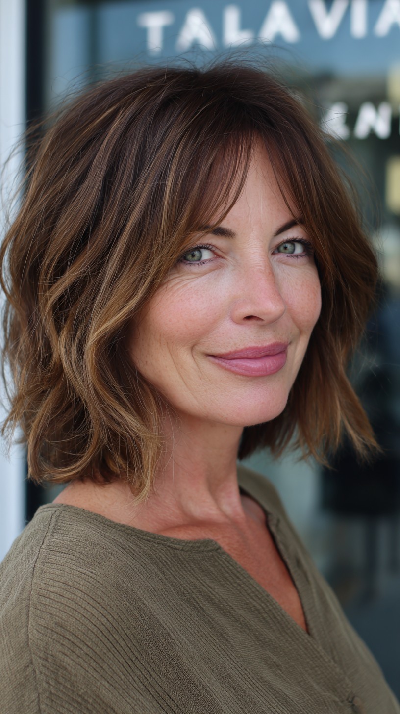 Warm Chestnut Textured Lob with Soft Waves