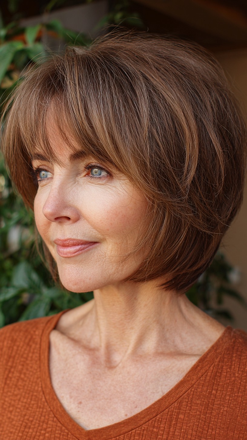 Autumn-Inspired Chestnut Bob with Tapered Fringe