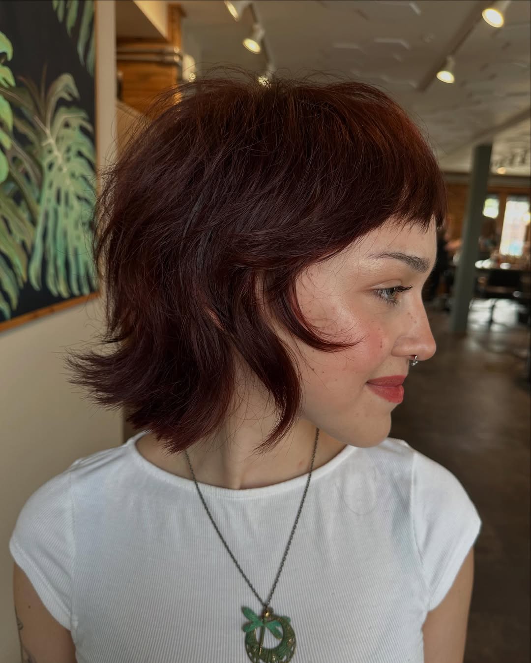 Burgundy Stacked Bob with Wispy Bangs