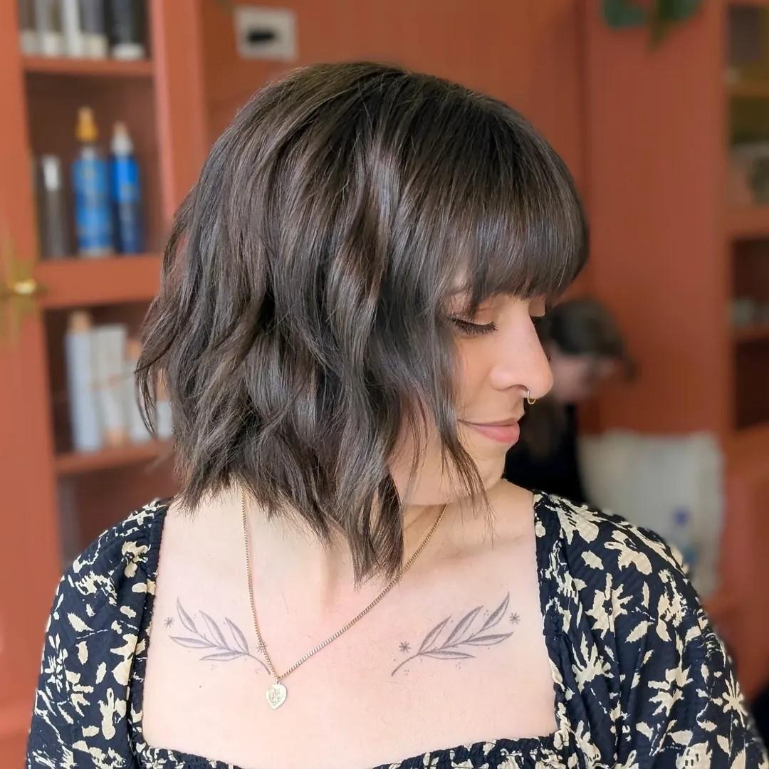 Casual Charcoal Textured Bob with Full Bangs