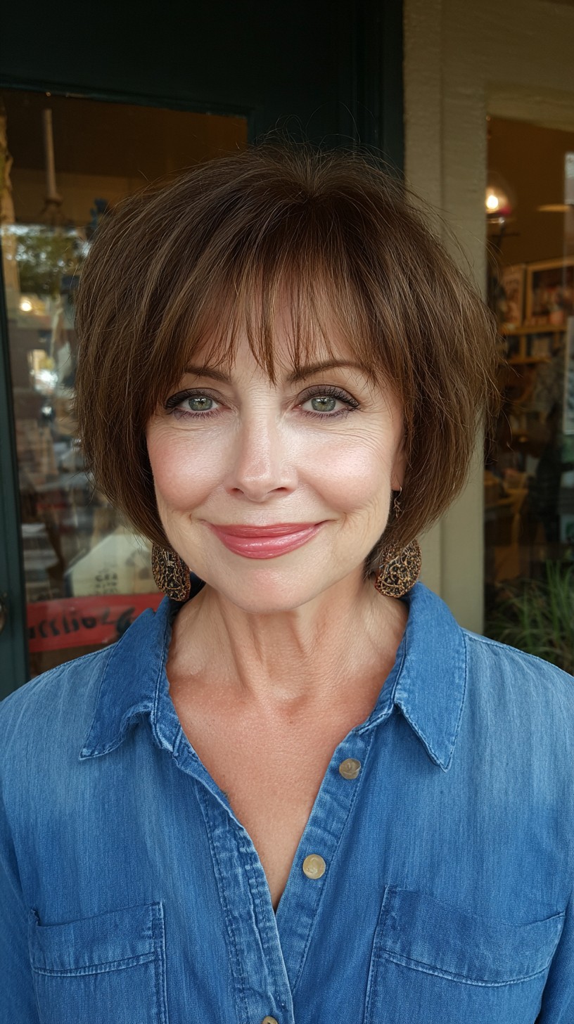 Charming Chestnut Bob with Feathered Bangs