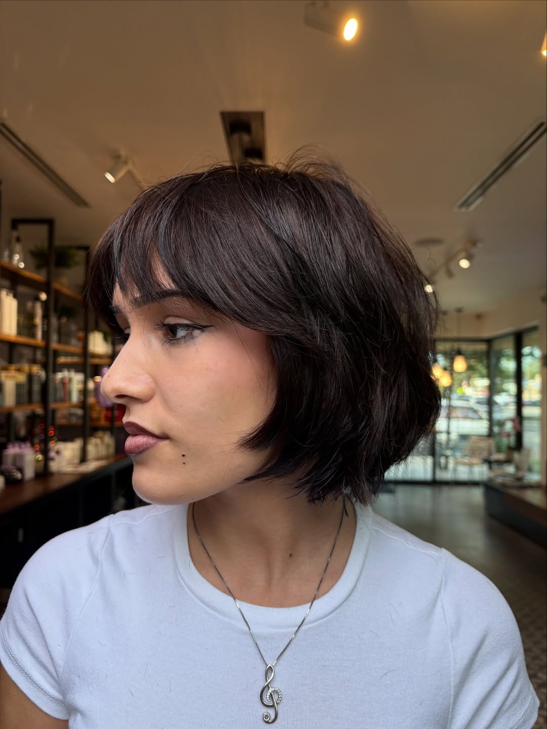 Chic Espresso Tousled Bob with Lightweight Fringe