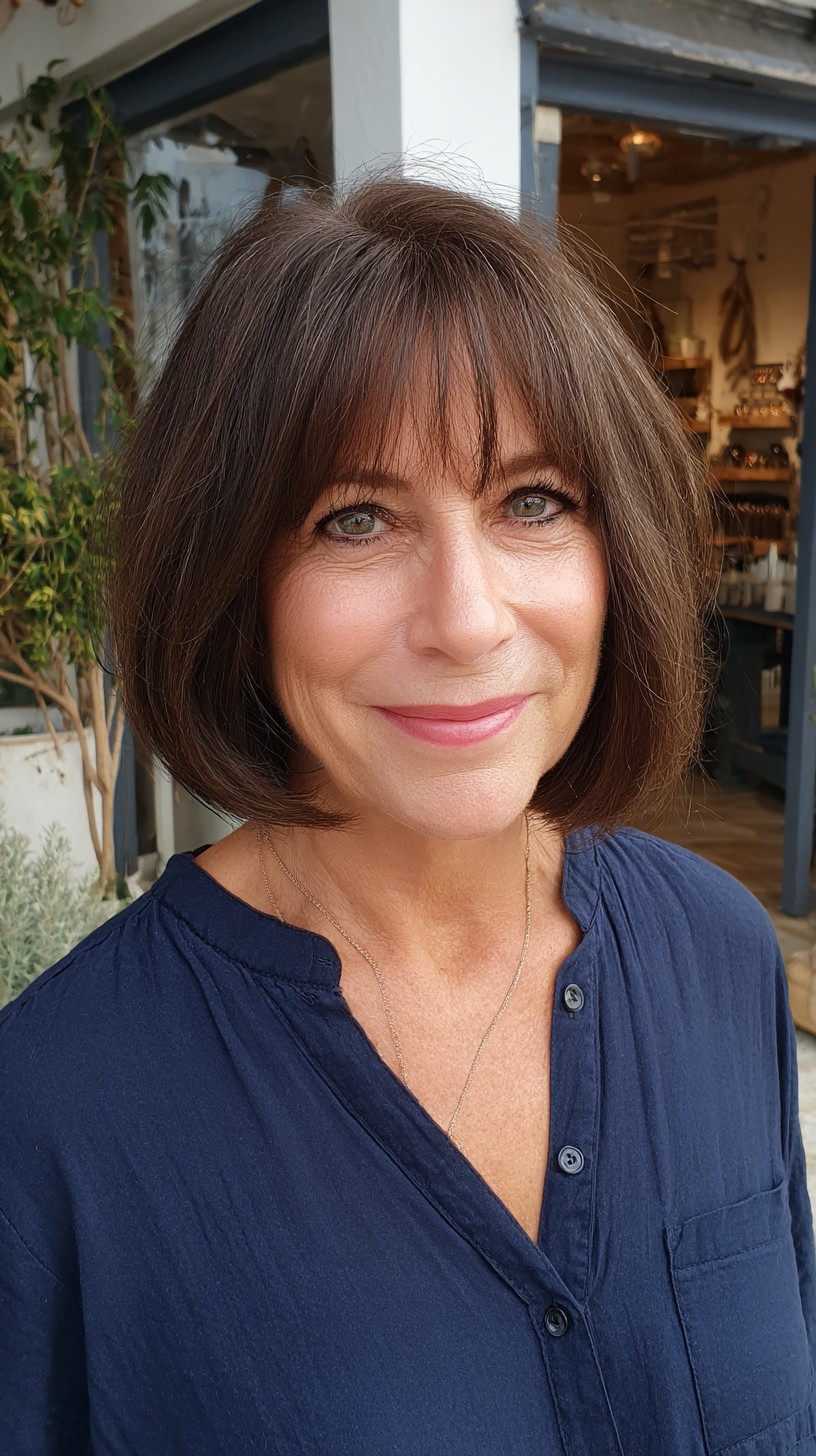 Deep Espresso Tousled Bob with Sleek Fringe