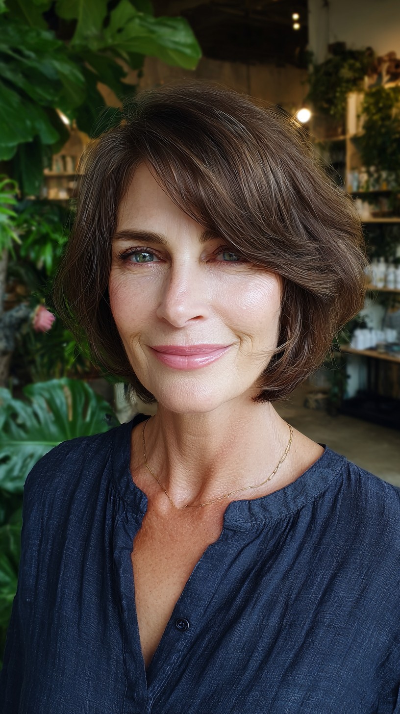 Effortless Chestnut Layered Bob with Side-Swept Bangs