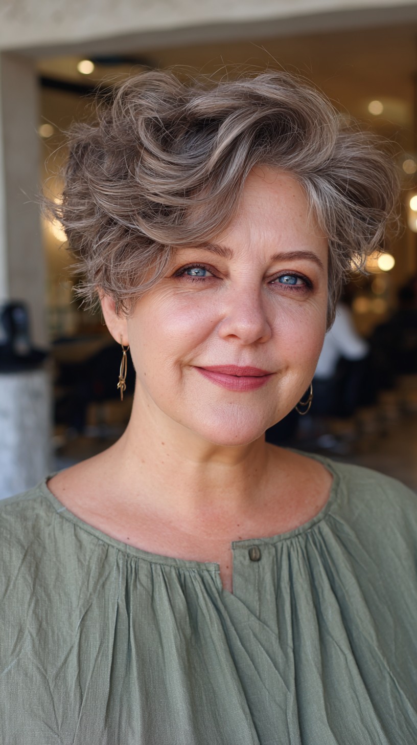 Elegant Soft Gray Curled Pixie with Natural Highlights
