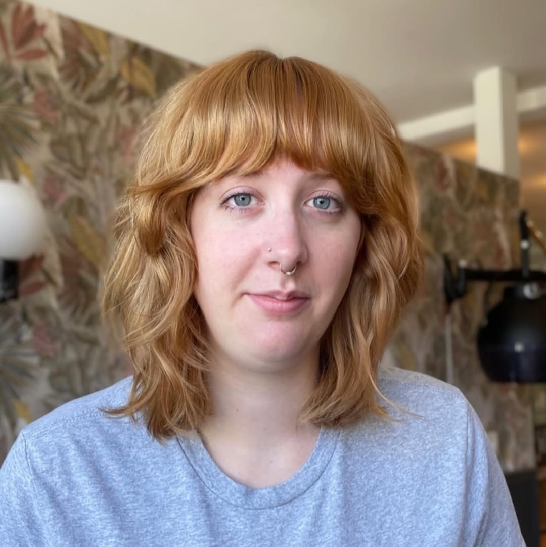 Golden Auburn Waves with Curtain Bangs