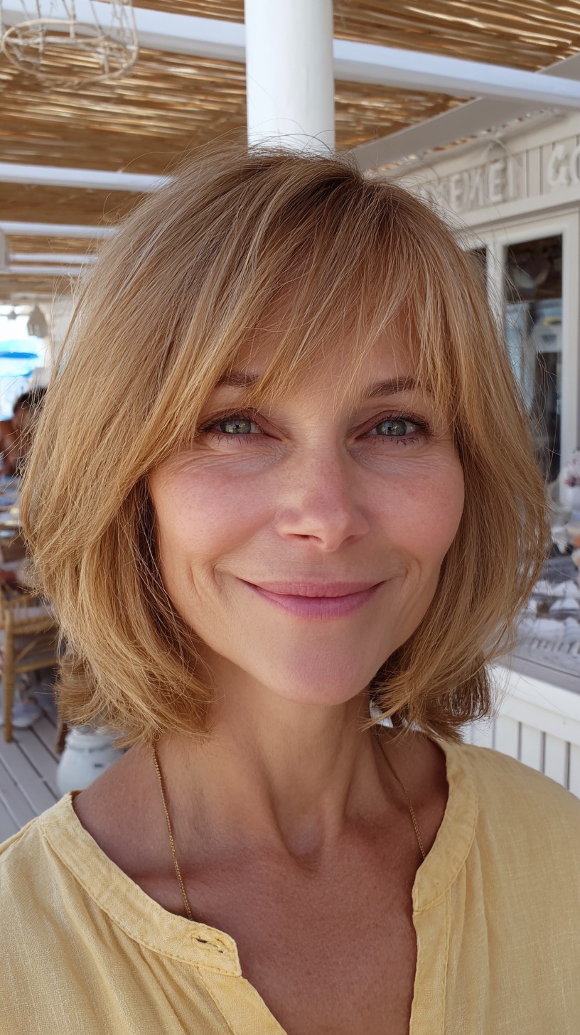 Golden Blonde Layered Bob with Soft Bangs