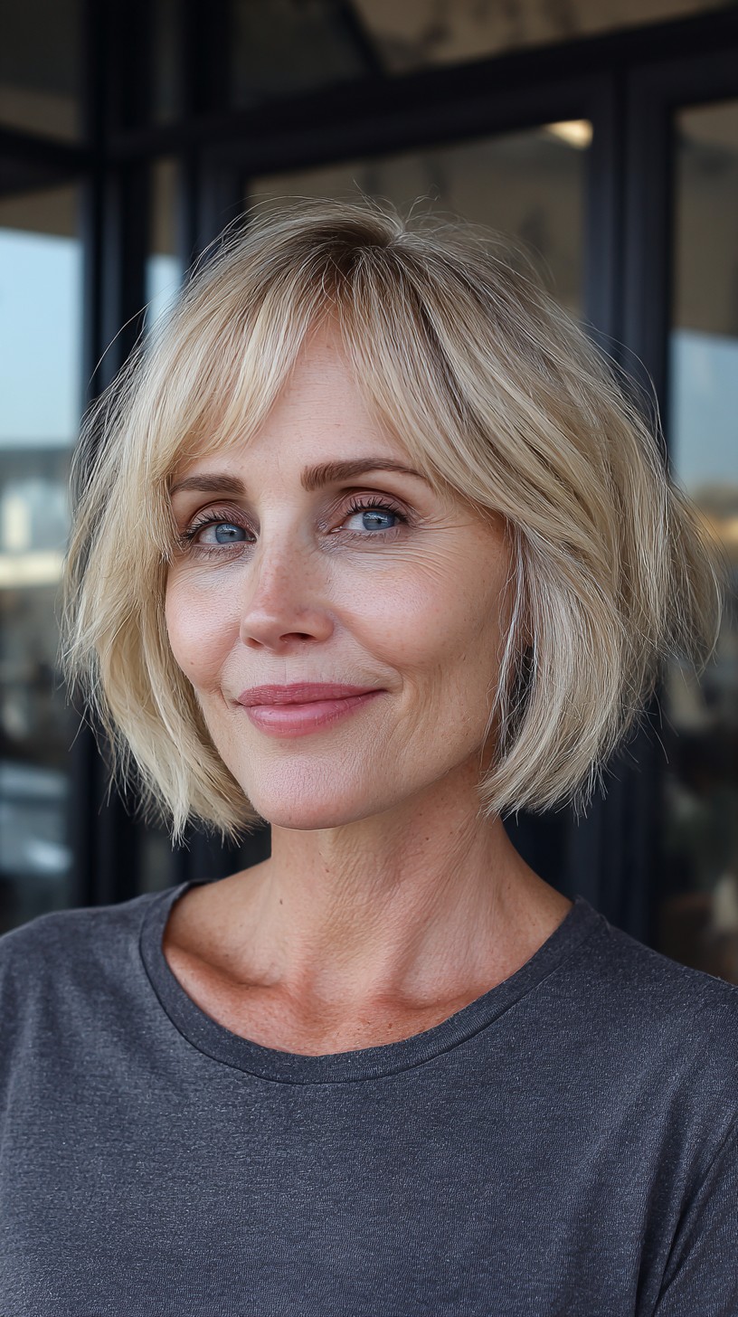 Light Blonde Feathered Bob with Soft Fringe