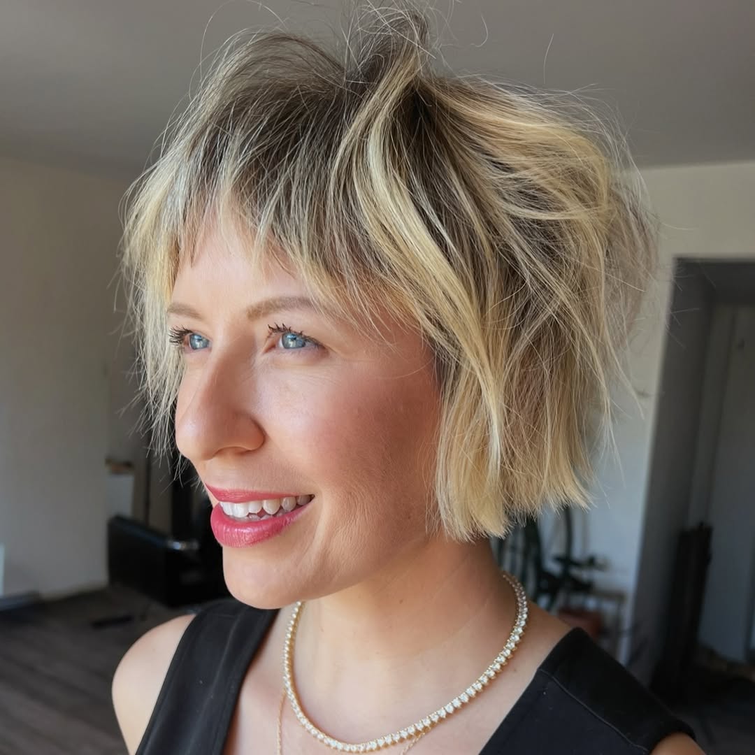Light Blonde Layered Bob with Playful Fringe