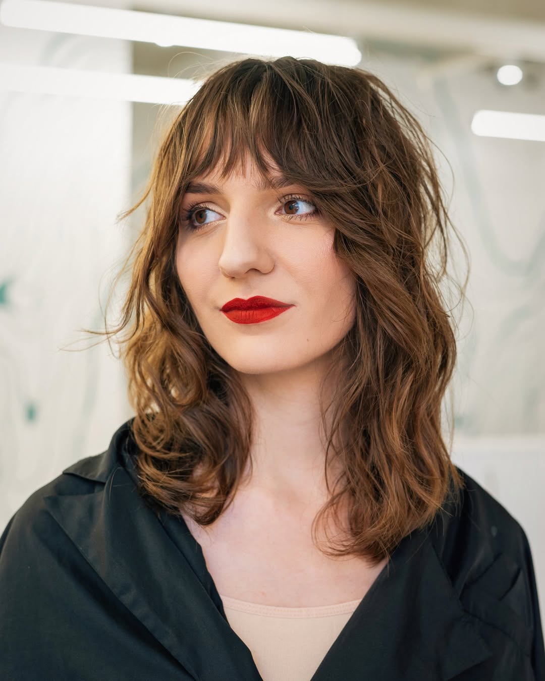 Messy Chestnut Waves with Fringe