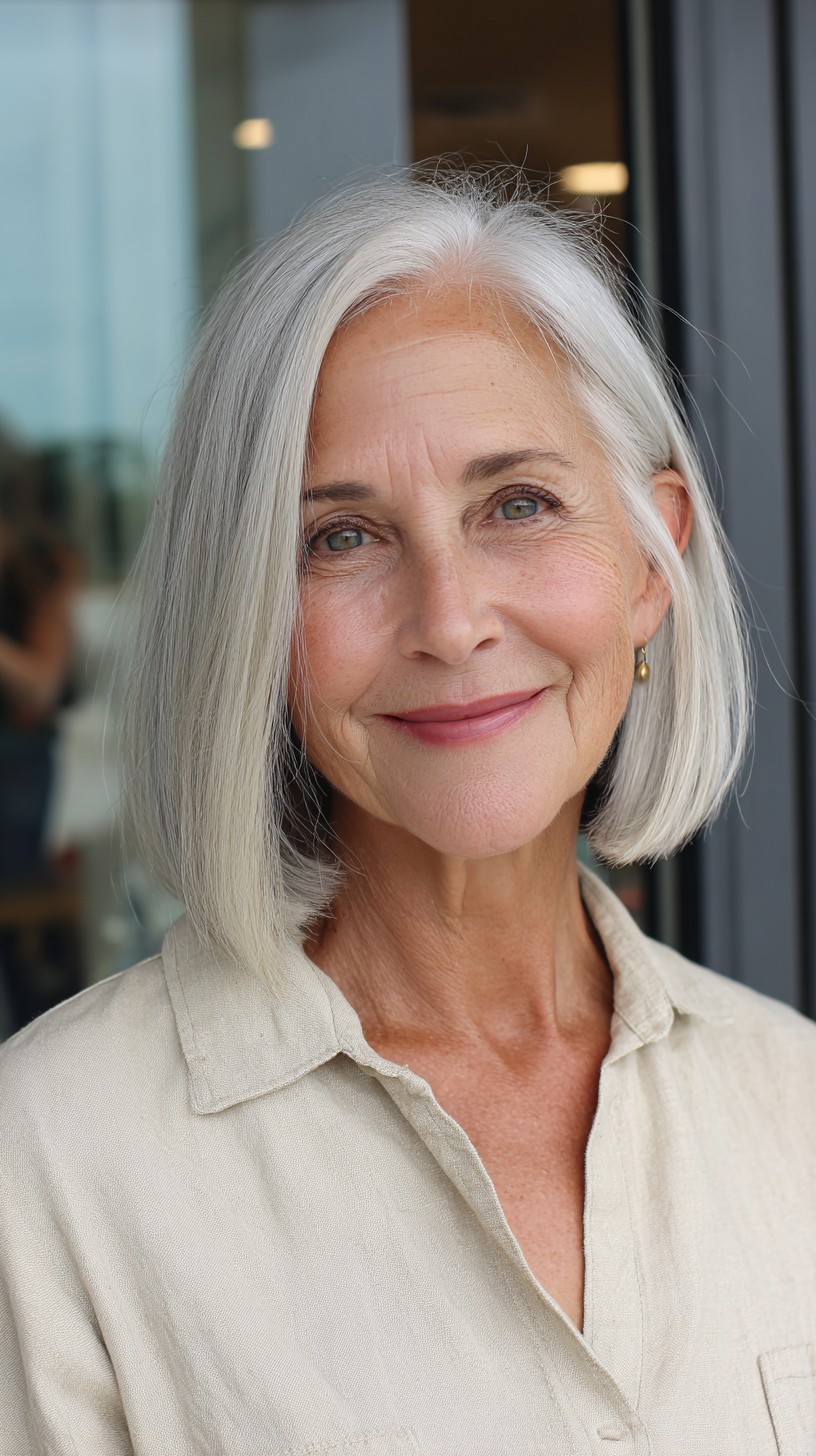 Platinum Sleek Shoulder-Length Cut for Graceful Aging