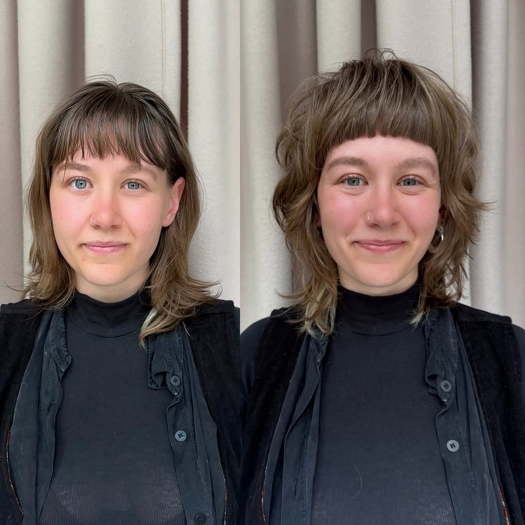 Playful Brunette Shag with Curved Bangs