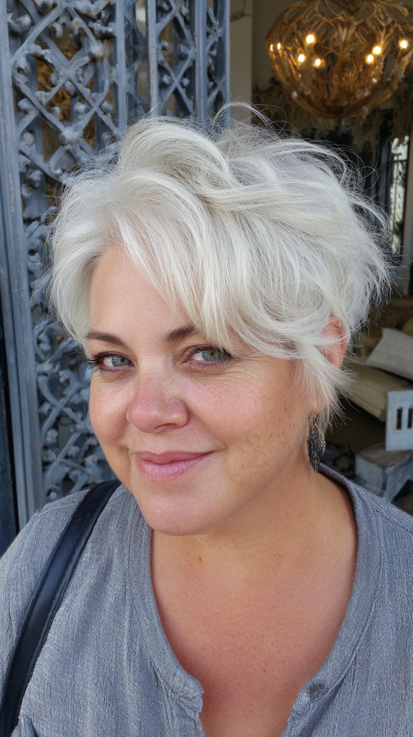 Playful Platinum Textured Pixie with Contrasting Roots
