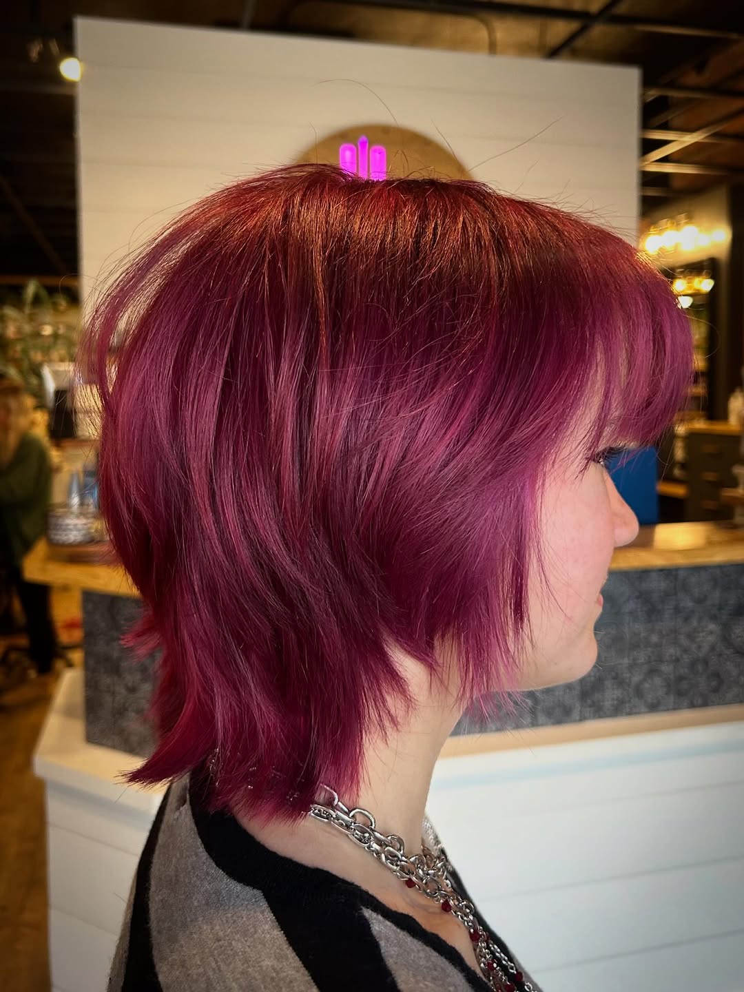 Rich Magenta Textured Bob with Piecy Fringe