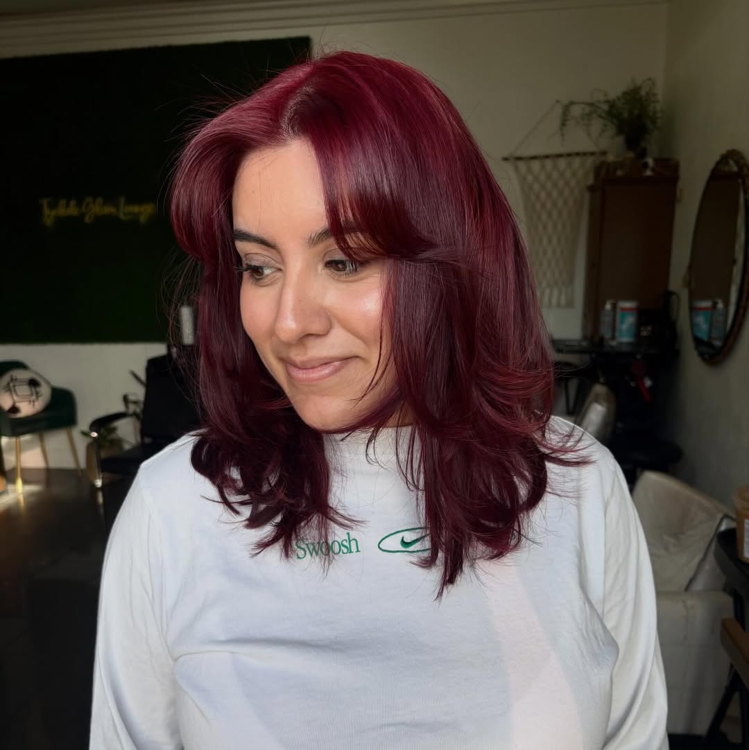Vibrant Burgundy Layered Lob with Soft Waves