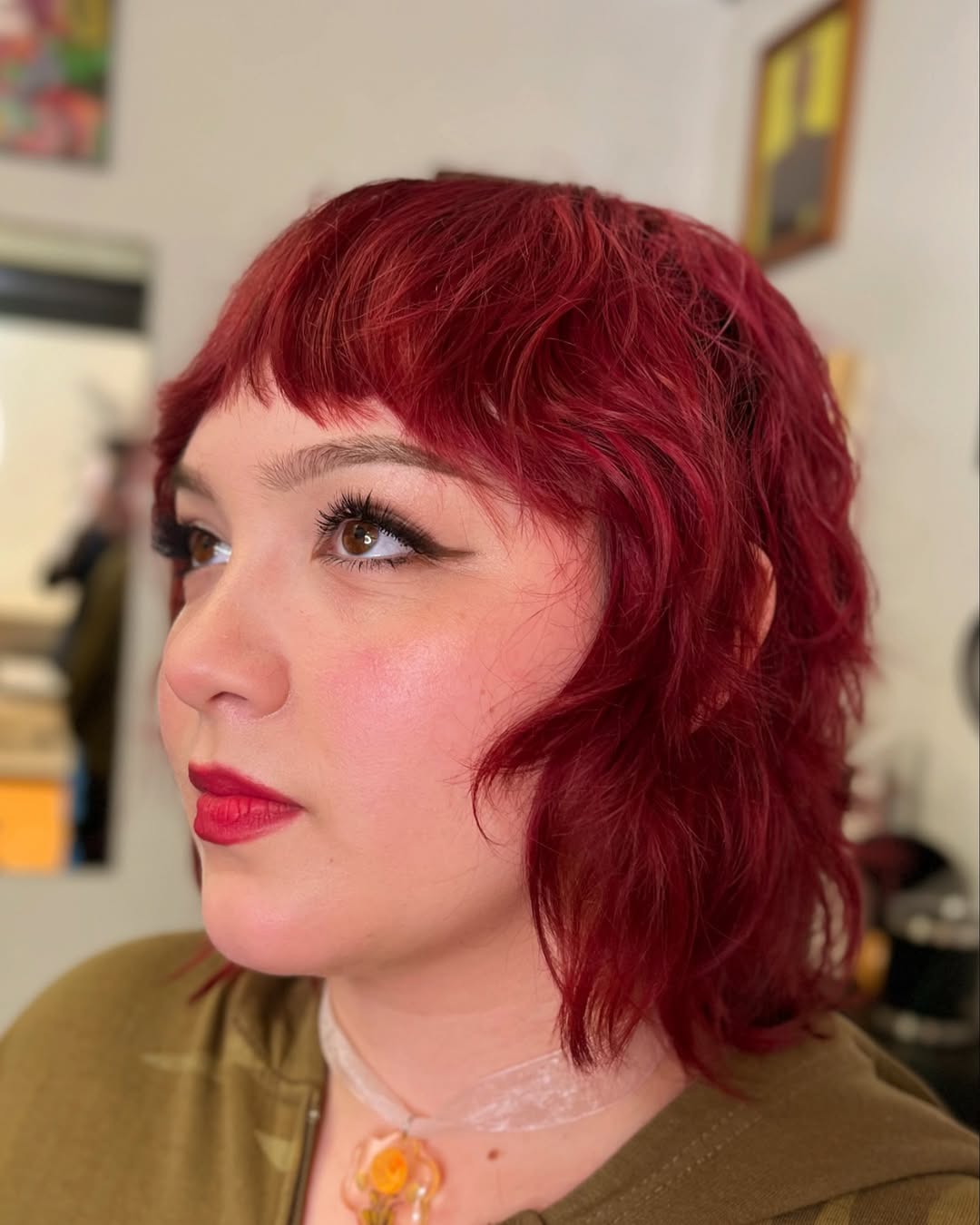 Vibrant Crimson Wavy Bob with Fringe