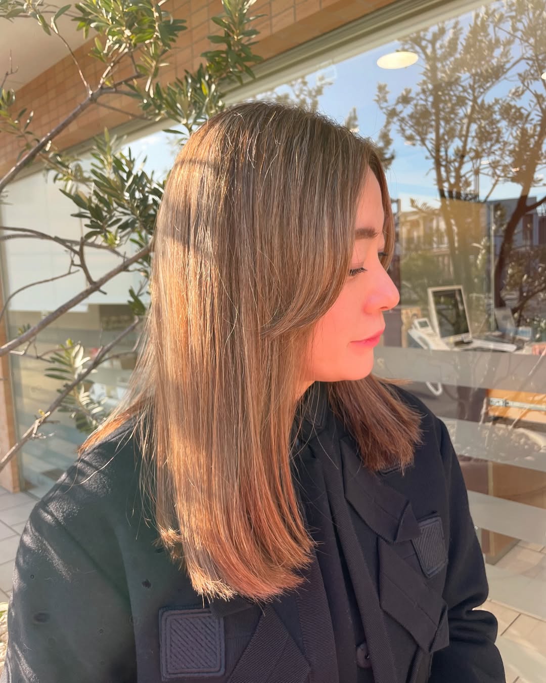 Warm Caramel Highlights on Sleek Mid-Length Cut