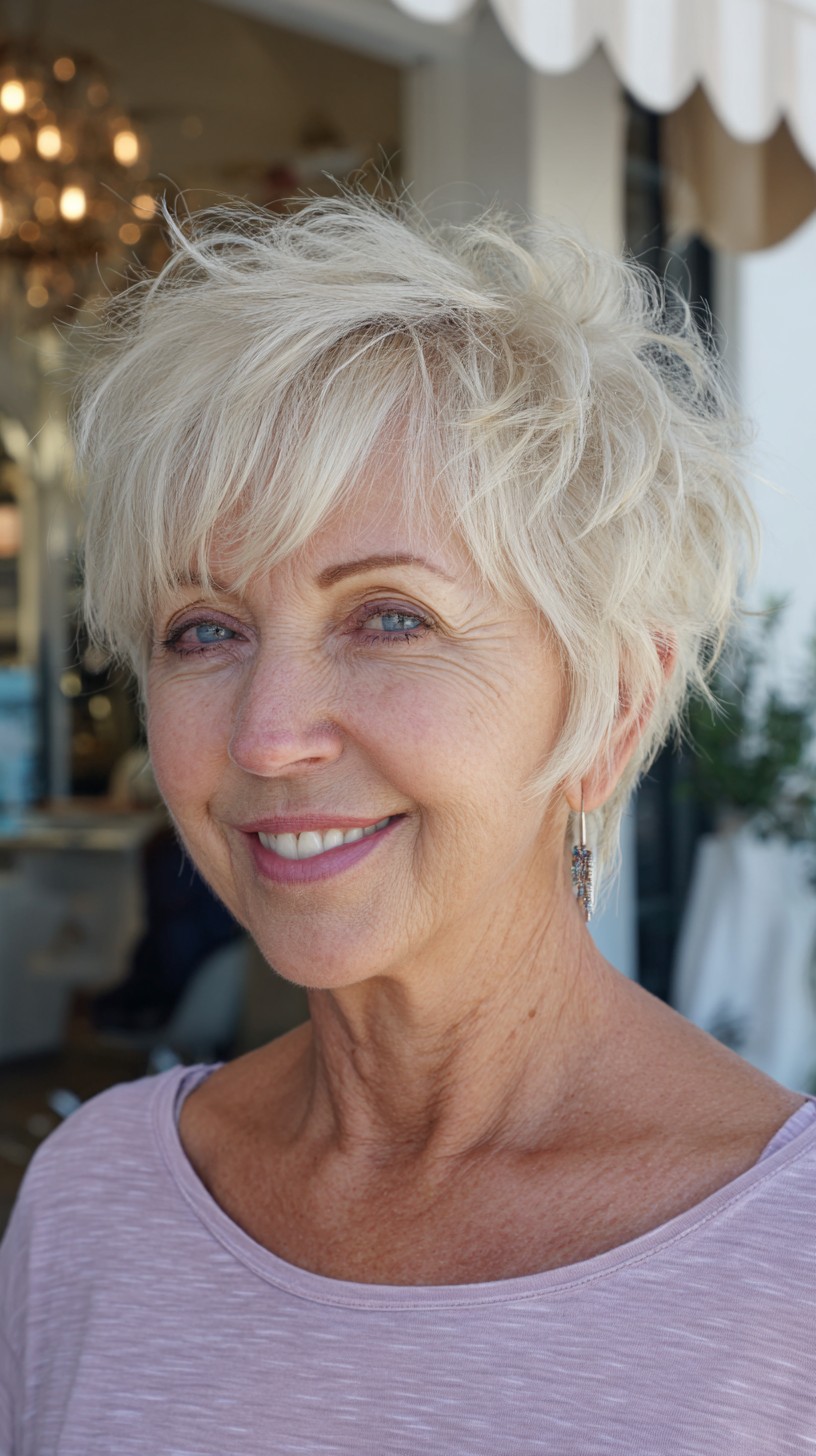 Bright Platinum Textured Pixie with Side-Swept Bangs