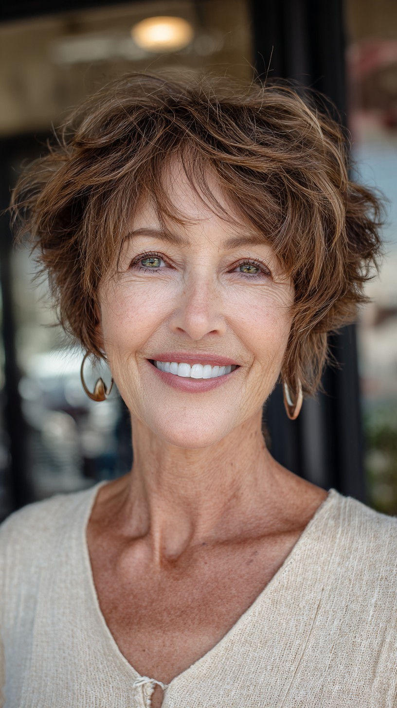 Charming Chestnut Curled Pixie For Women Over 60
