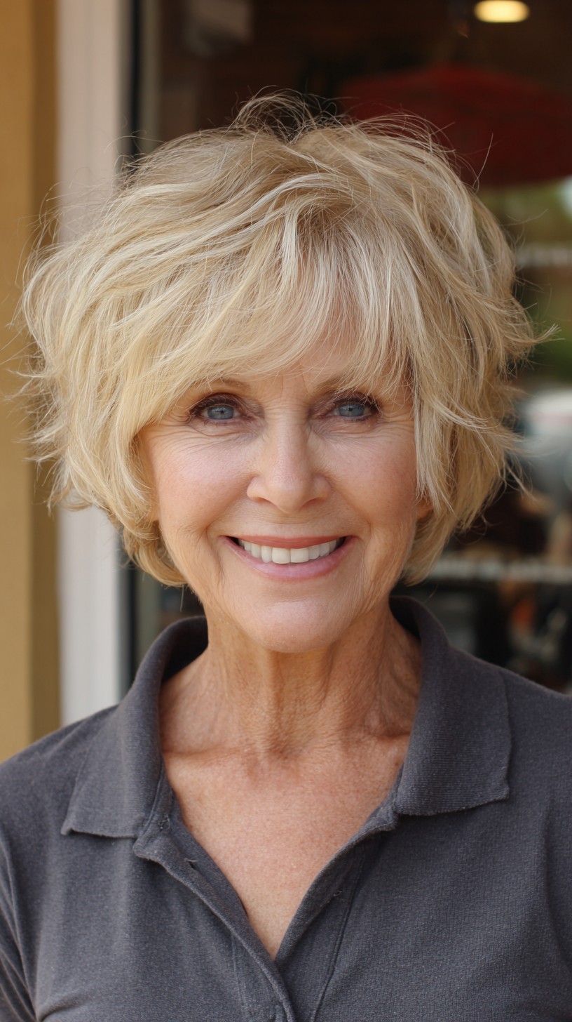 Dynamic Golden Blonde Layered Bob for Seniors