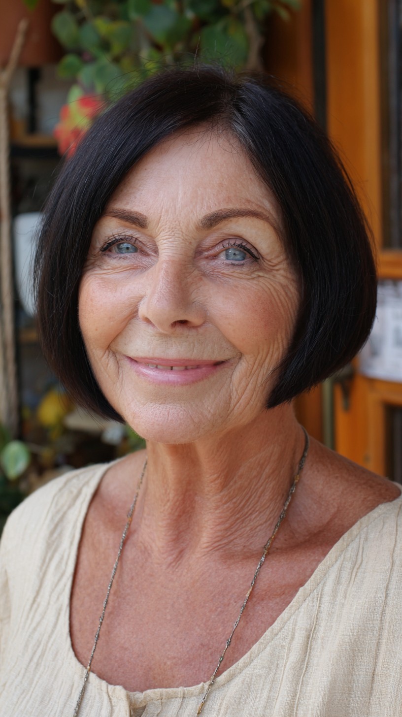 Glossy Deep Black Rounded Bob with Tapered Edges