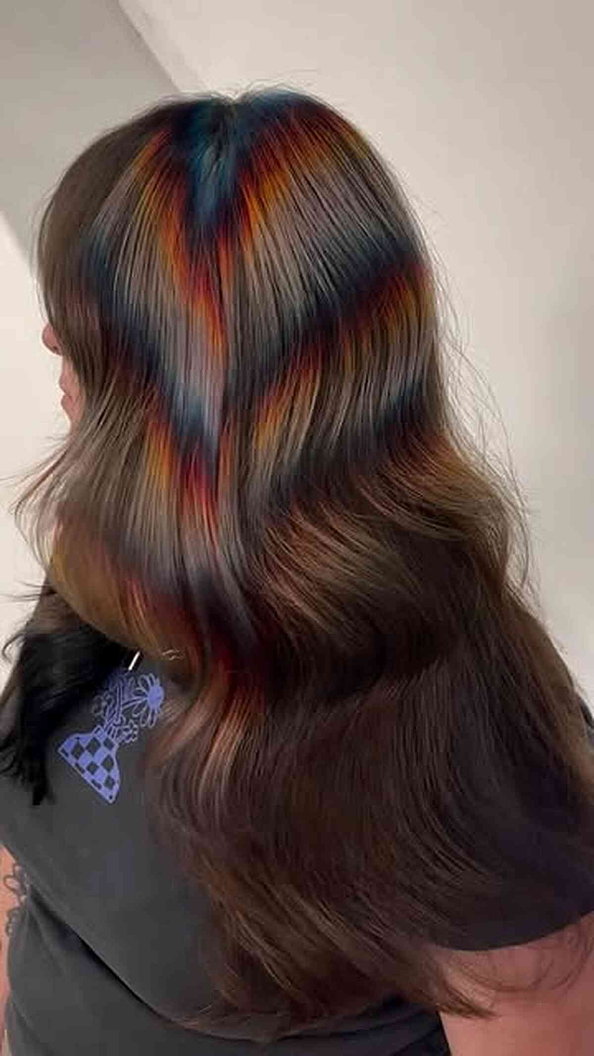 Long Layered Brunette with Peekaboo Rainbow Colors