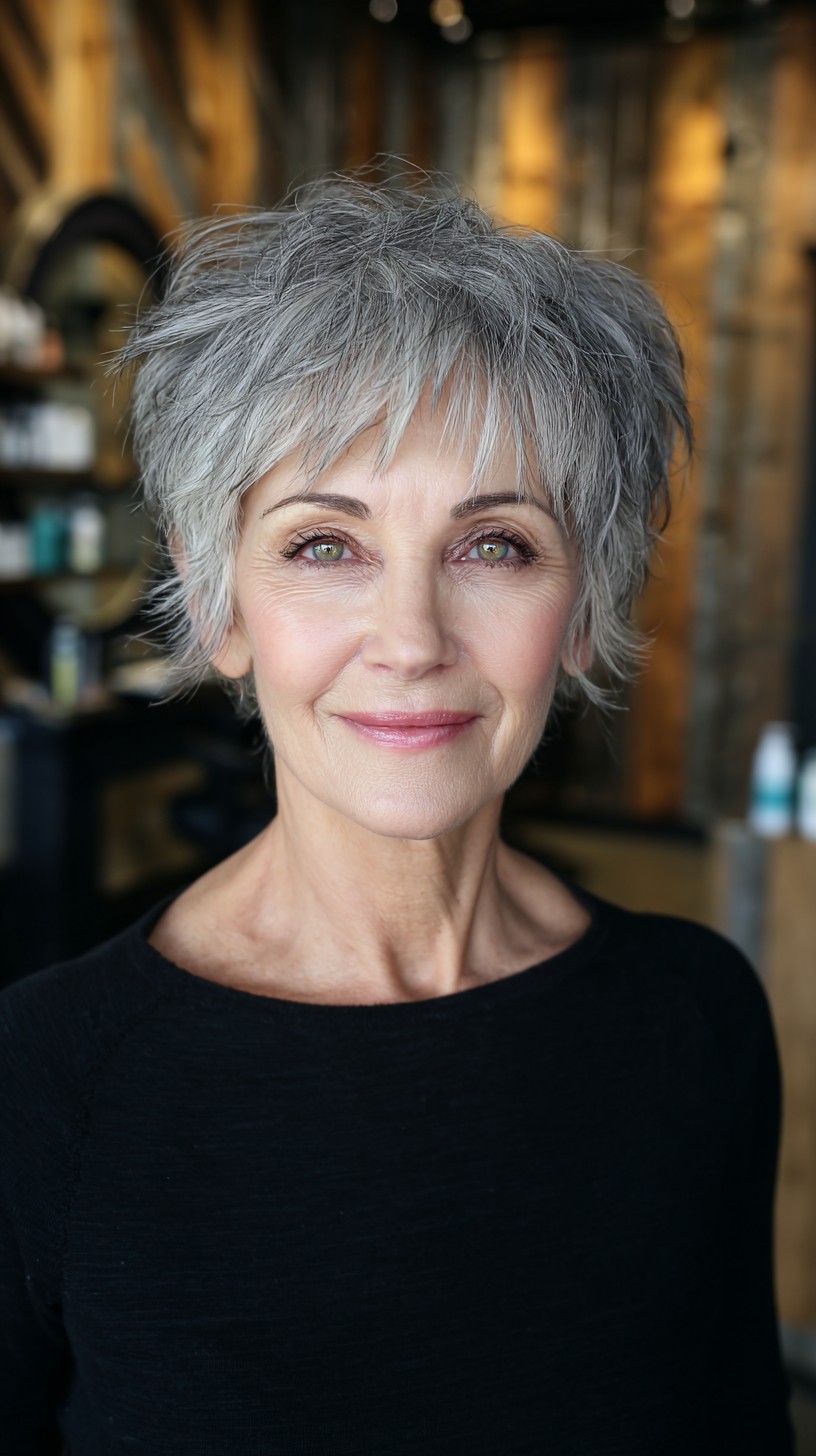 Refined Grey Tousled Pixie for Mature Elegance
