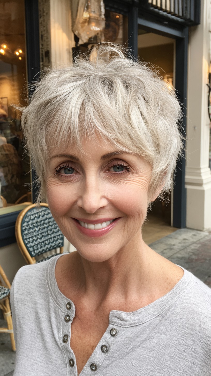 Sleek Silver Layered Pixie with Natural Waves