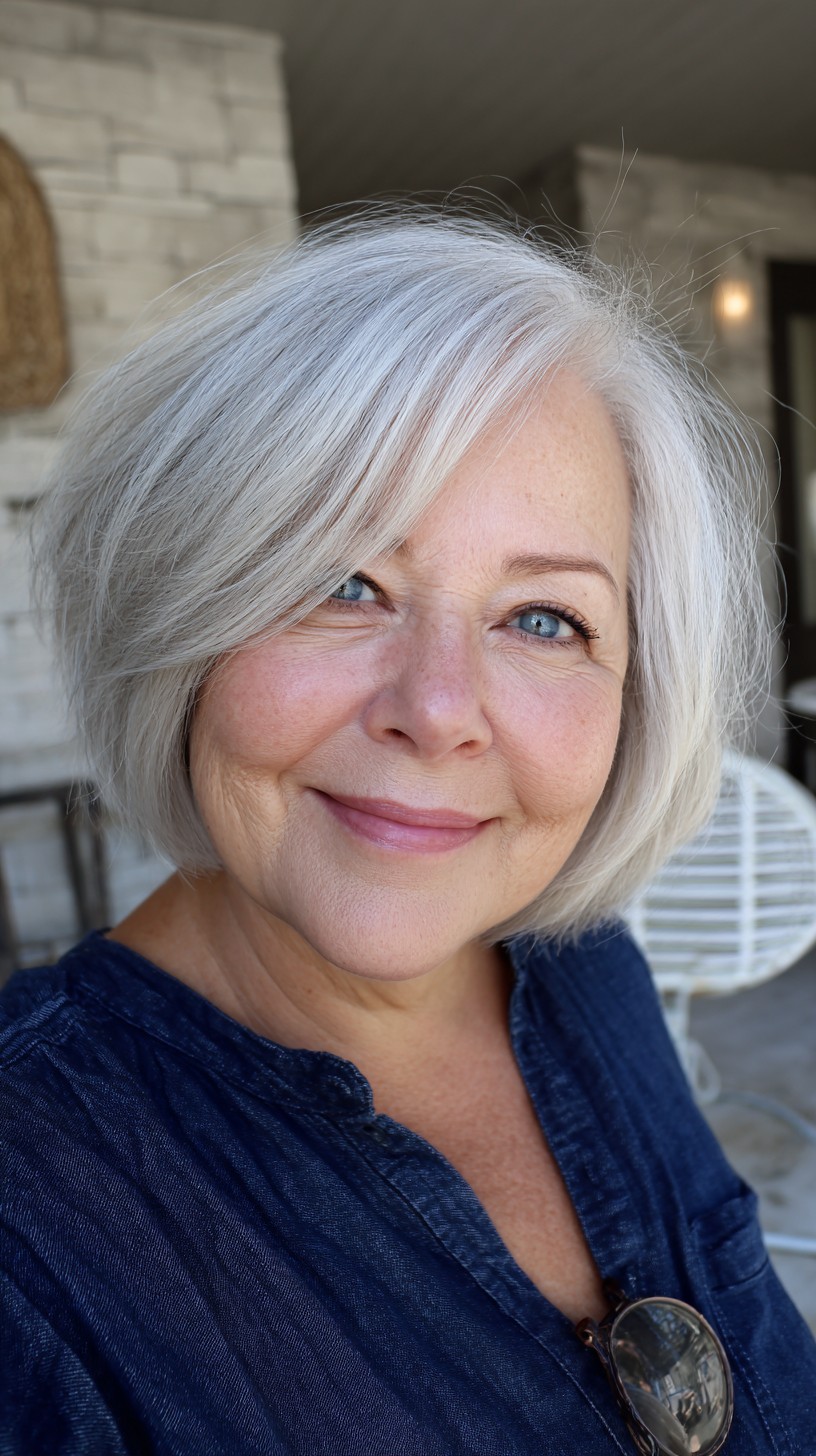 Sleek Silver Textured Bob with Gentle Waves