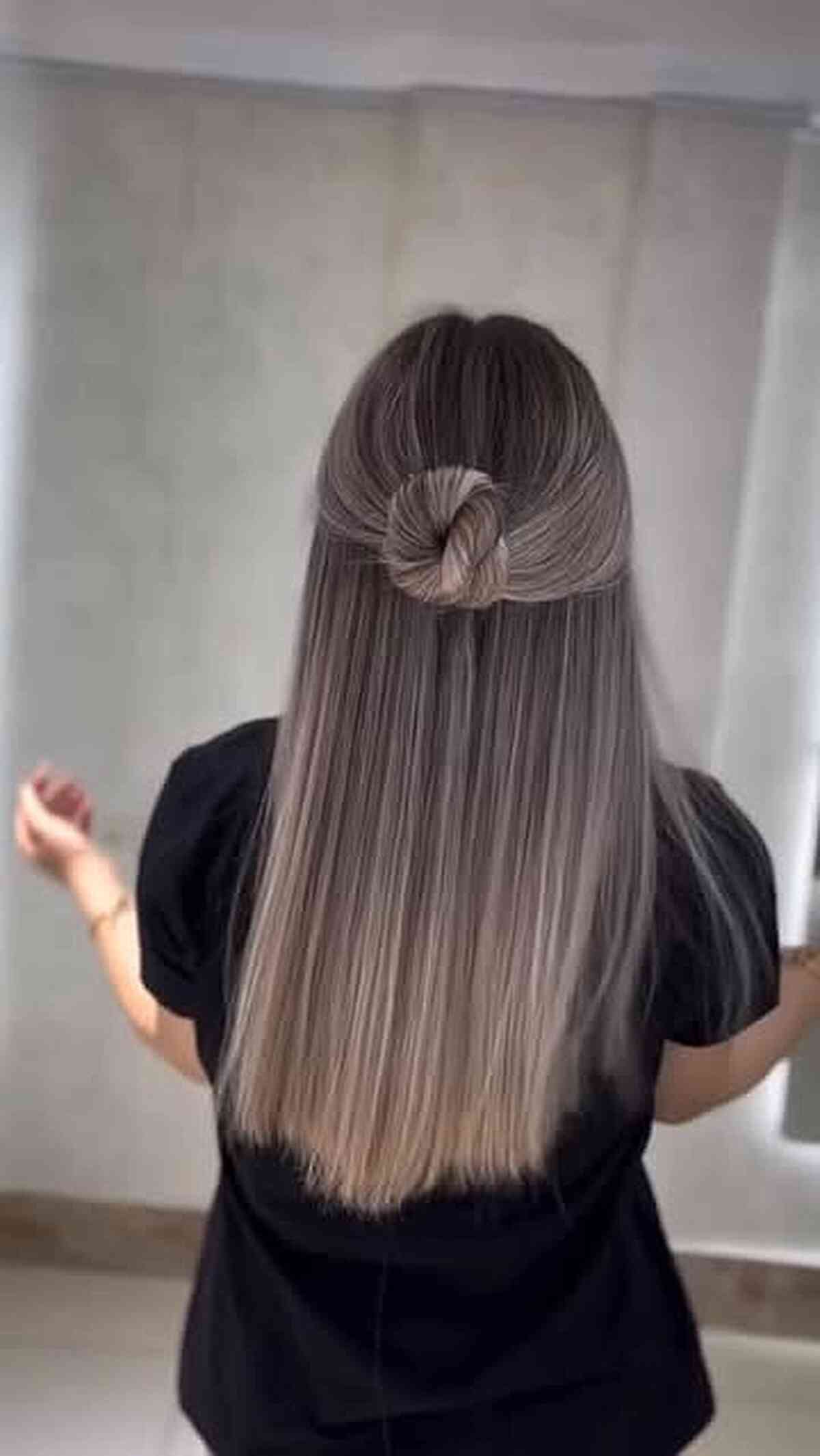 Sleek Smokey Ash Brown Half-Up Hairstyle