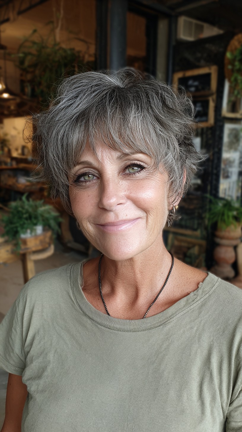 Soft Silver Layered Pixie with Textured Fringe