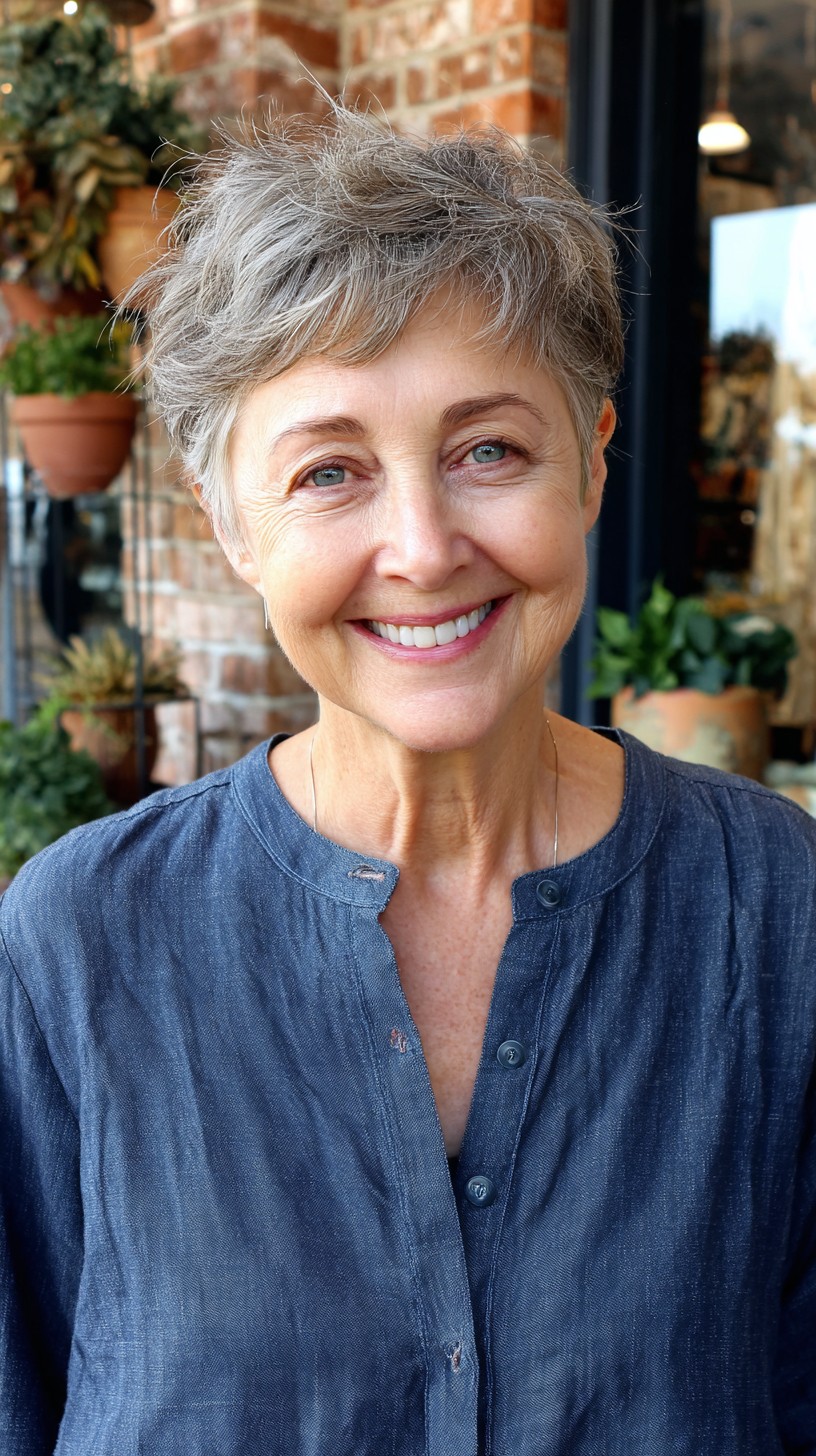 Softly Textured Grey Pixie with Natural Highlights