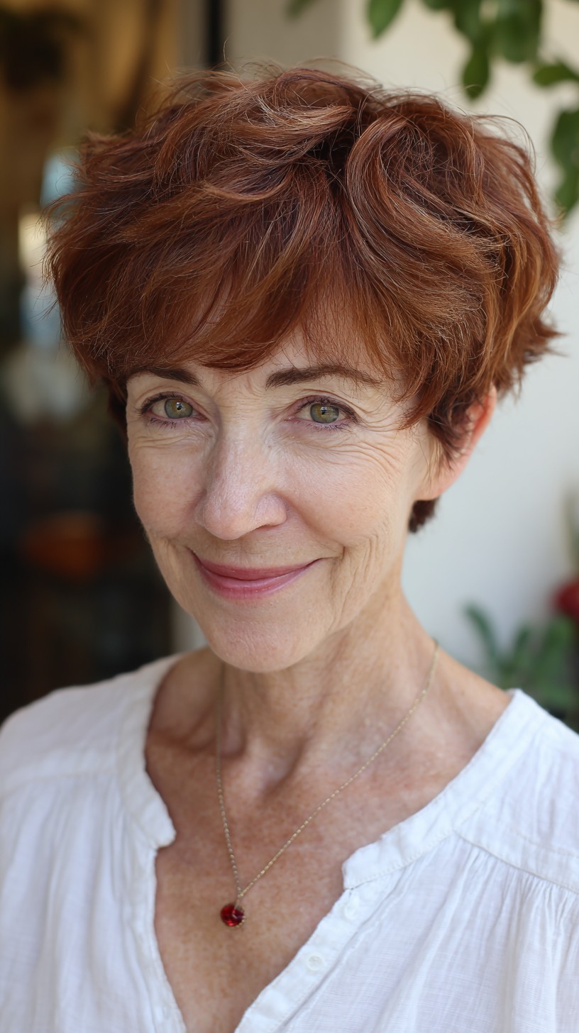 Vibrant Auburn Curly Pixie with Texture for Women Over 60